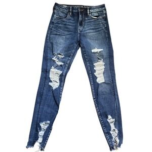 American Eagle Super Stretch Distressed Skinny Jeans Dark Wash Raw Hem Size 8